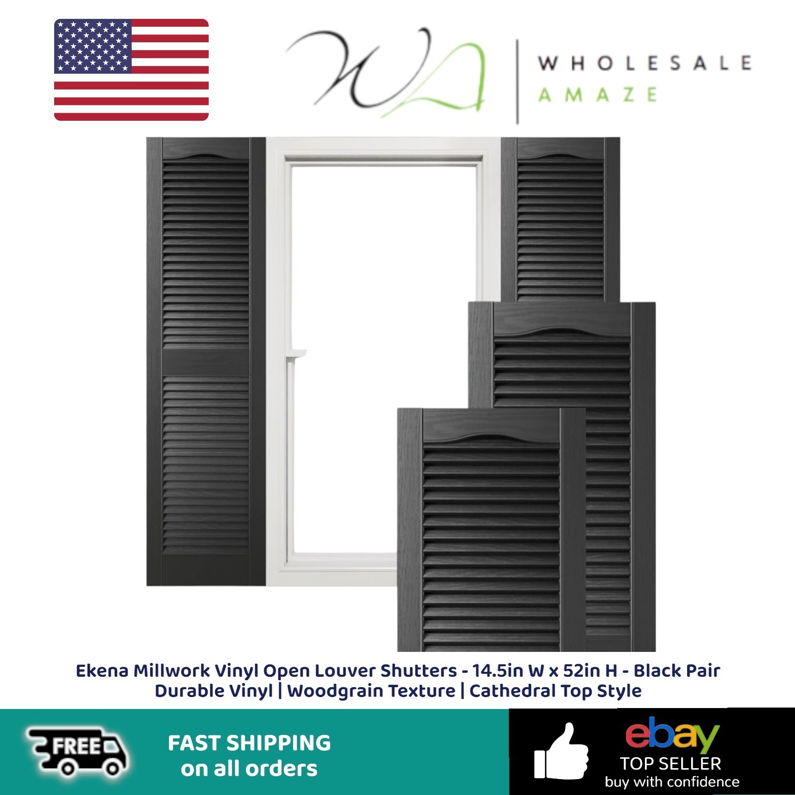 Ekena Millwork Vinyl Open Louver Shutters 14.5in W x 52in H Black Pair Durable