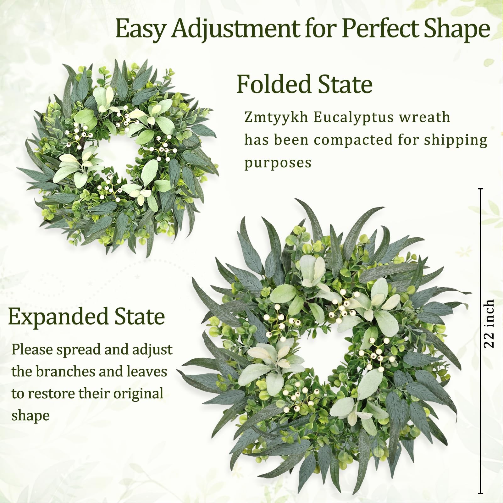 Zmtyykh Eucalyptus Wreath 22 Inch Spring for Front Door 22 inch, Green
