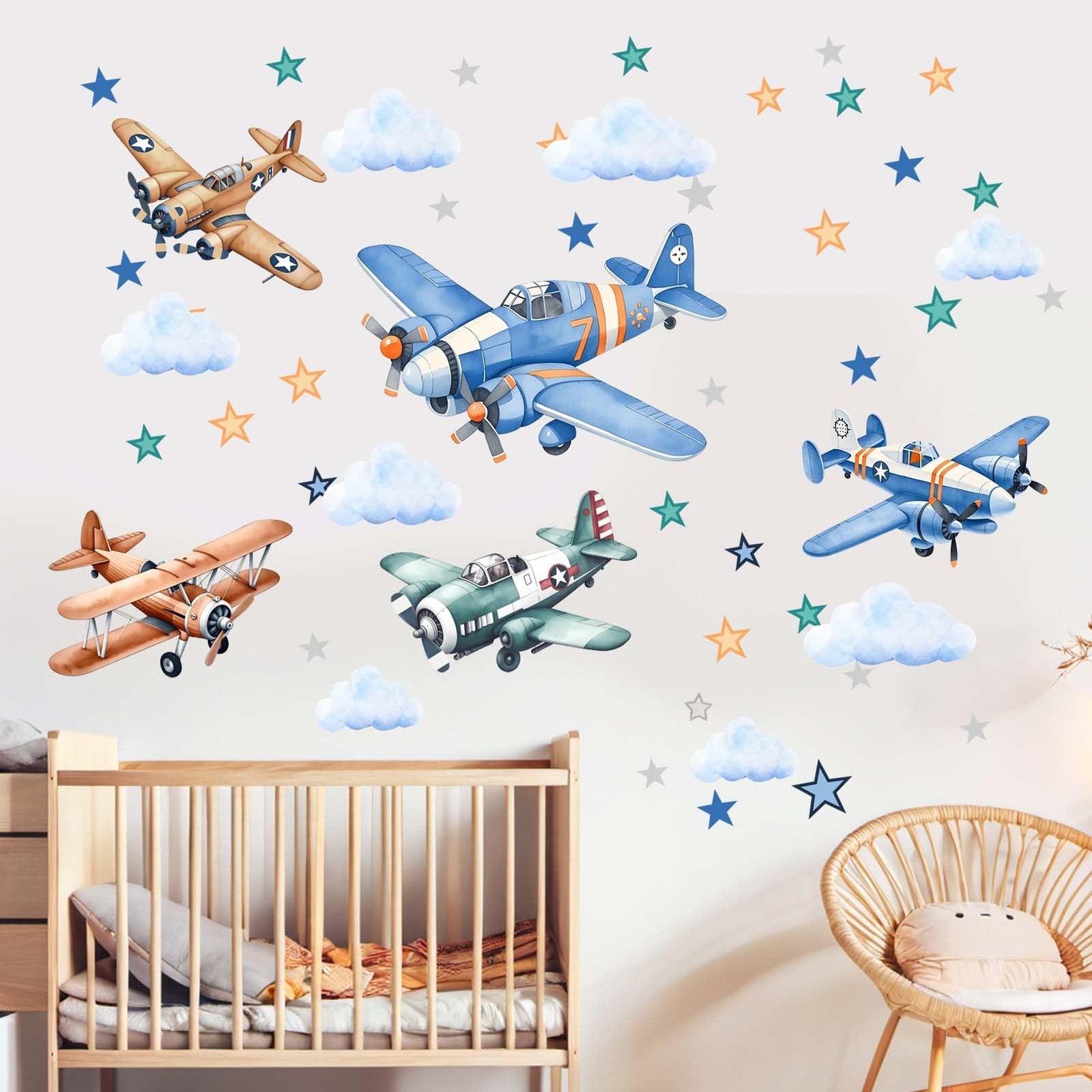Airplane Wall Stickers for Boys Kids: Peel and Stick Cloud Vintage