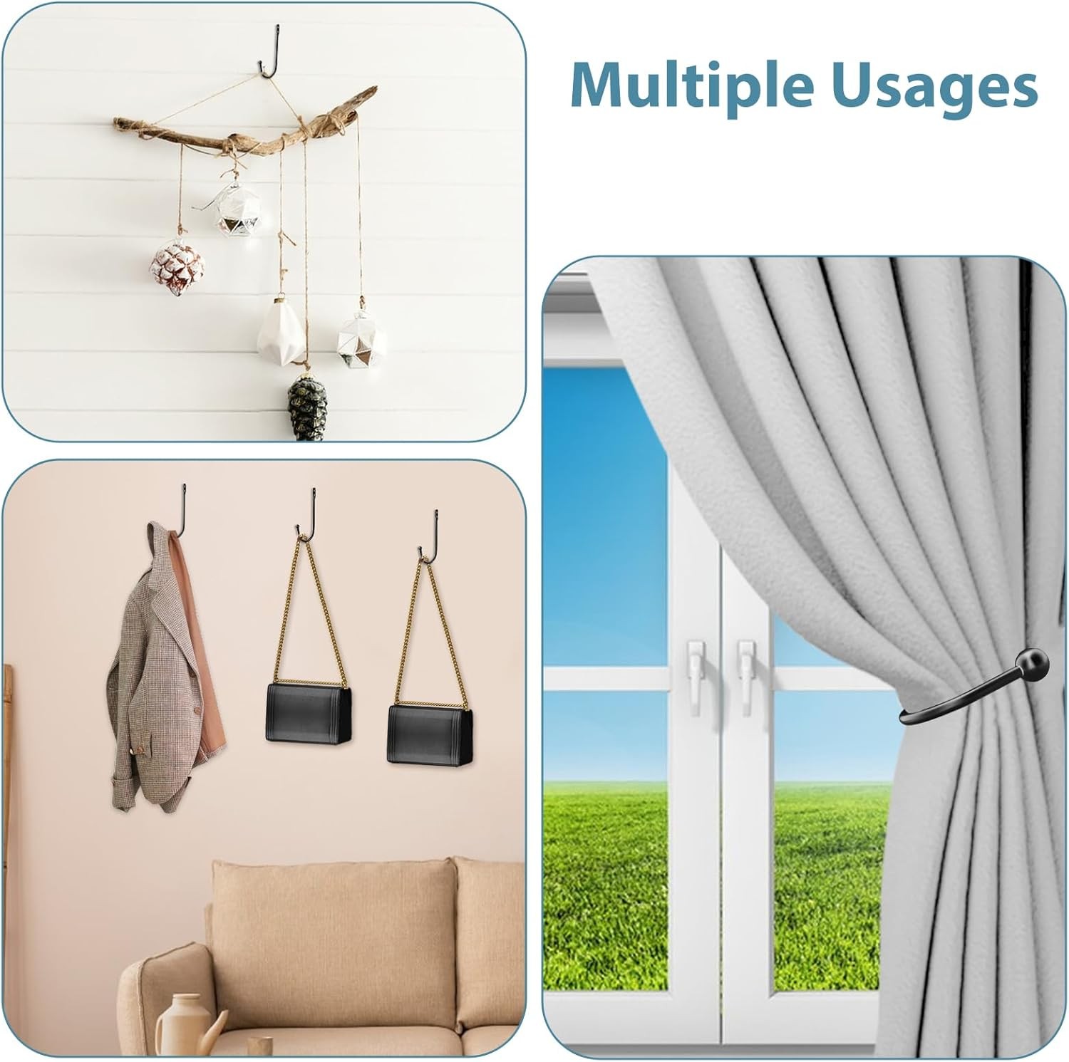 4 Pcs Curtain Wall Hooks Black Curtain, Holdbacks U Shaped Curtain Pull Backs, B