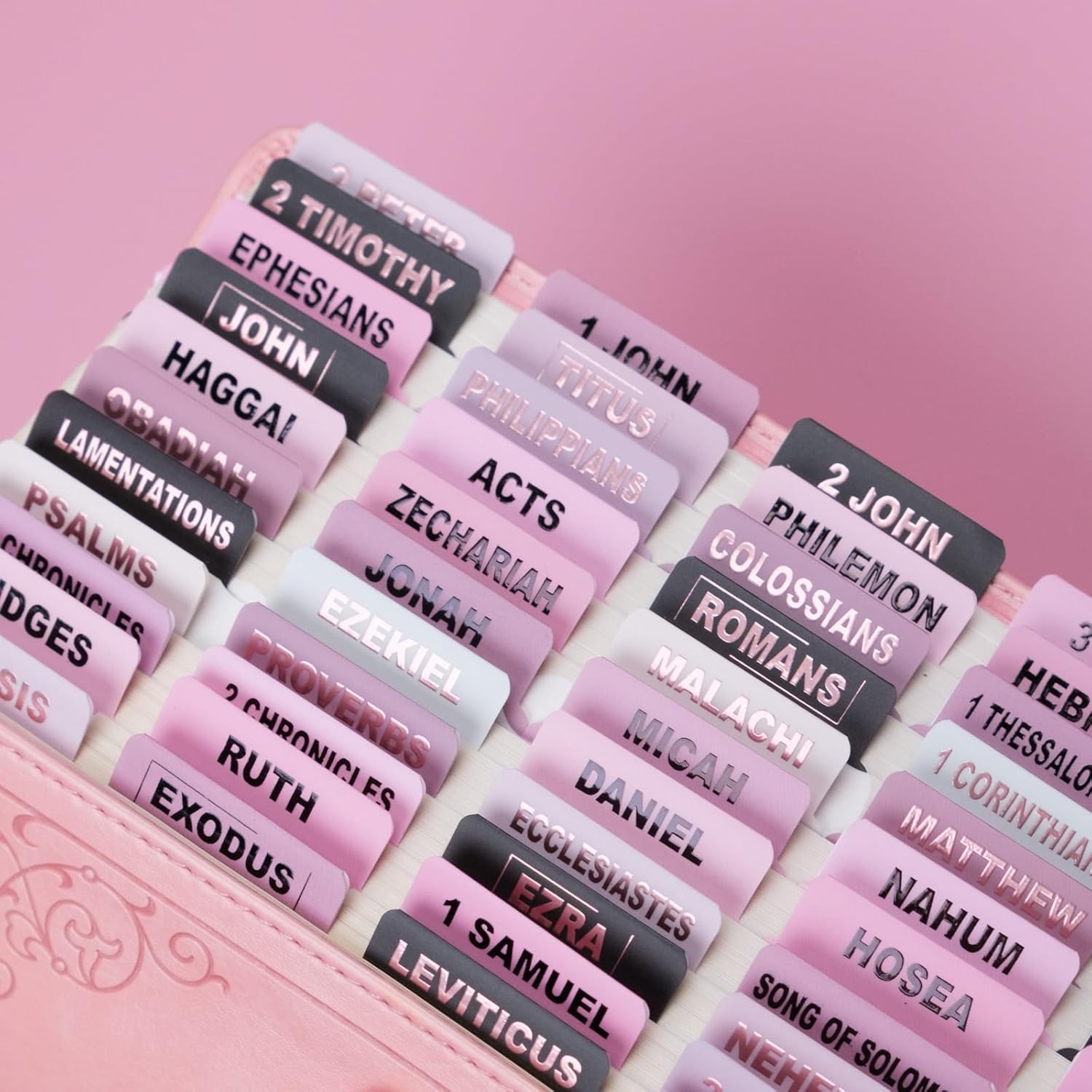 UPAFEXXI-Laminated Bible Tabs (Pink and Black Foil Embossed Lettering), Pink1