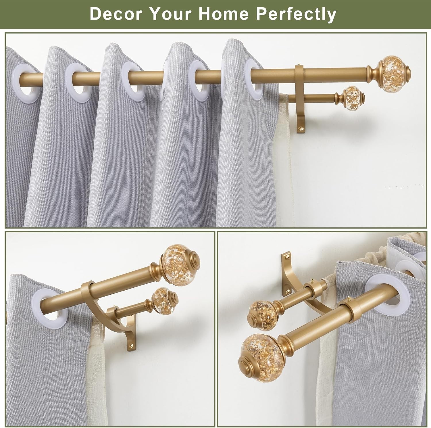 Curtain Rods Double Telescoping Heavy Duty 36-72 Inches Warm Gold Decoration