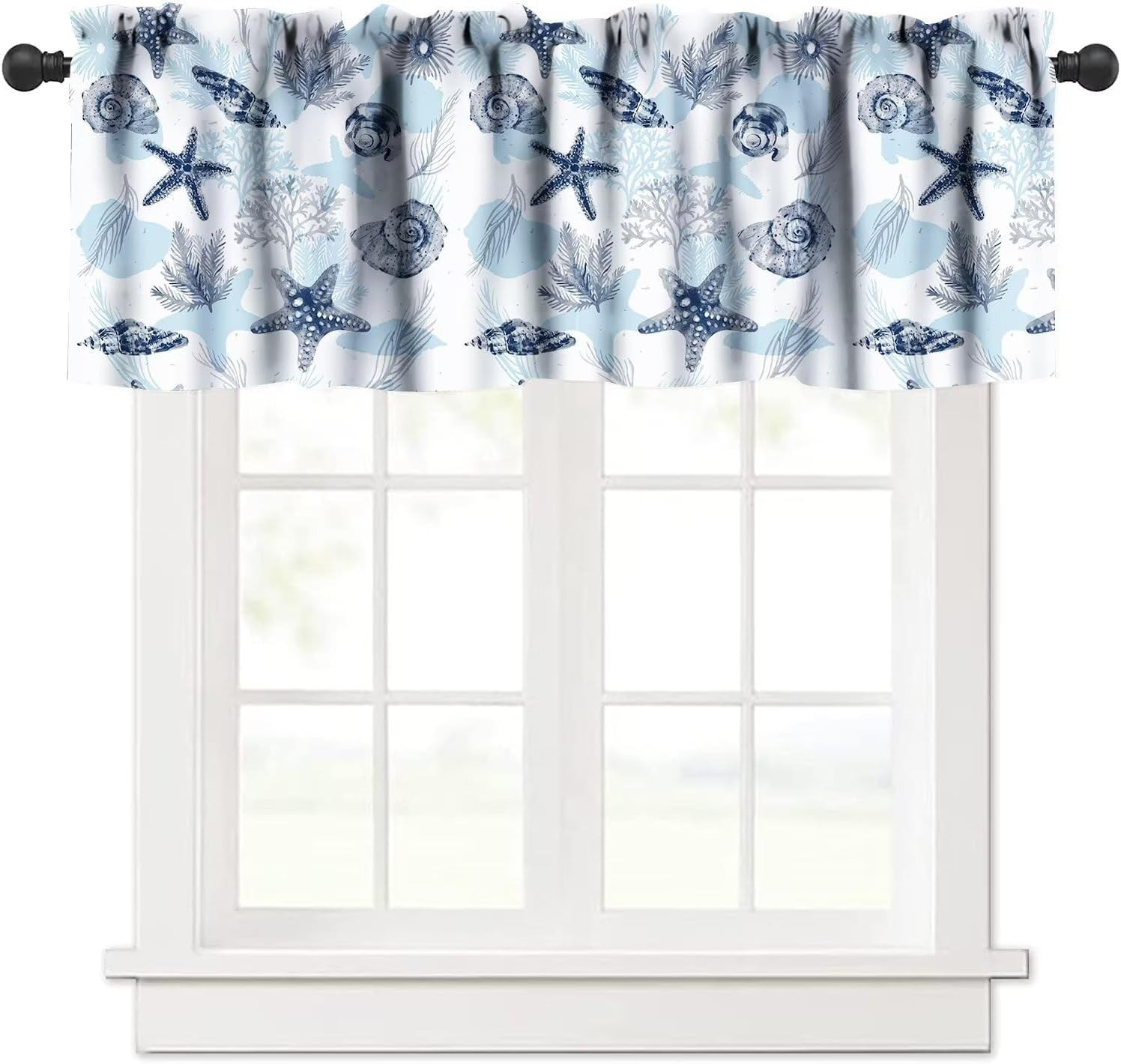 Ocean Theme Curtain Valance,Blue & White Beach Sea Starfish Seashell Print Patte