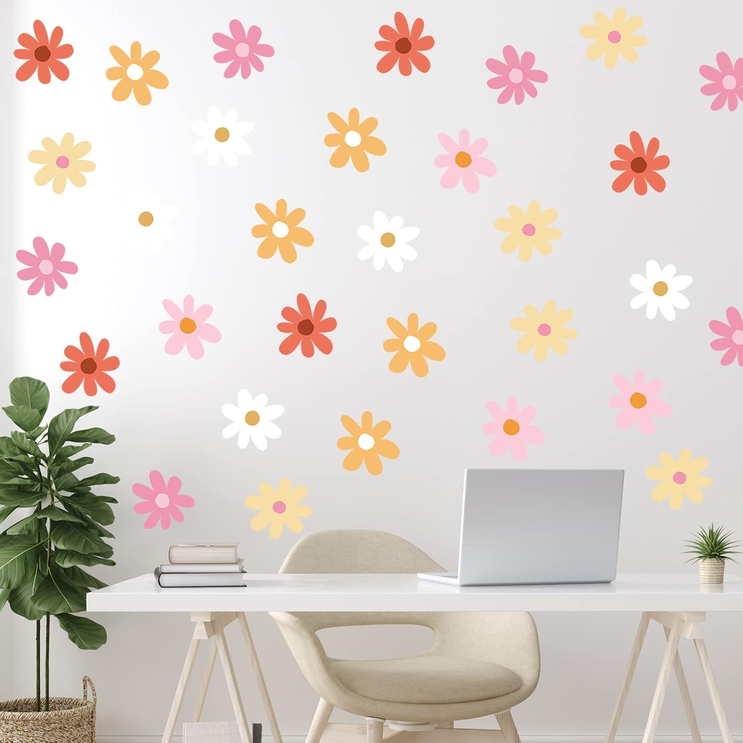 BBTO Daisy Wall Decal Flower Vinyl 0.98 Inches, Pink, White, Orange