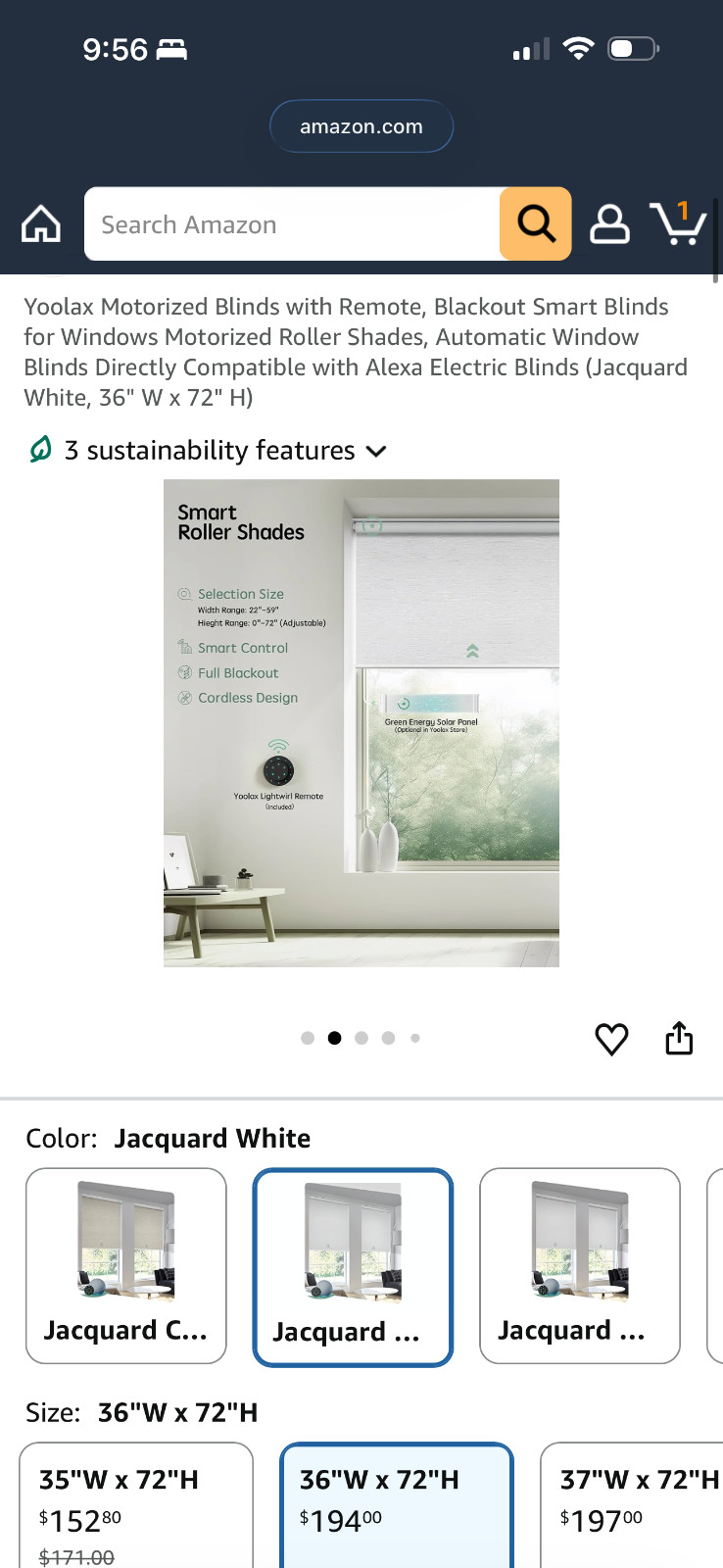 Yoolax 36″x72″ blackout motorited smart blind compatible w/Alexa