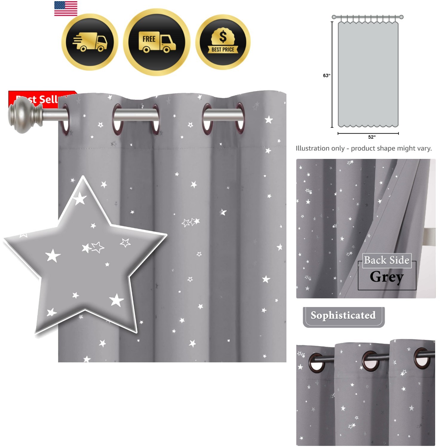 Blackout Star Curtains for Kids Room Boys Girls Twinkle Silver Stars Thermal …