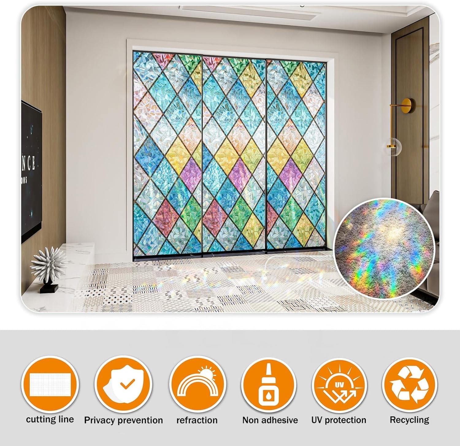 Window Privacy Film Stained Glass,Rainbow Window Film Decorative Peel and Stick