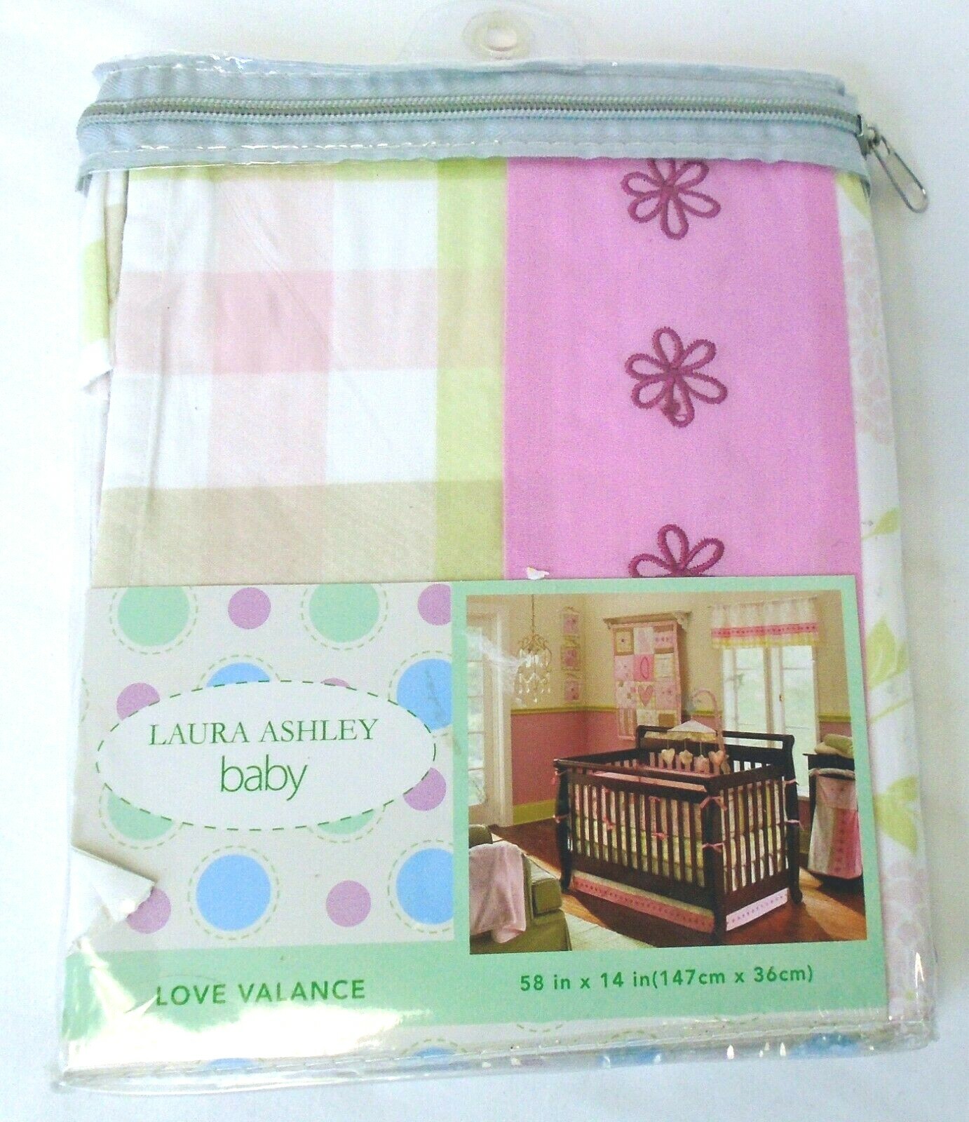 Laura Ashley Baby Love 100% Cotton Window Valance Pink Green Plaid Flowers