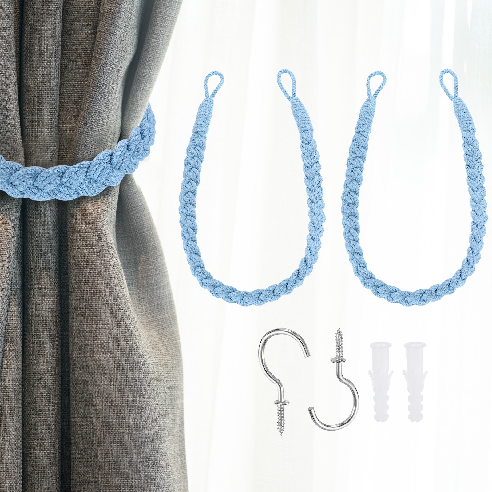 2Pcs Rope Curtain Tiebacks, 23.6″ Hand-Woven Curtain Holdback, Light Blue