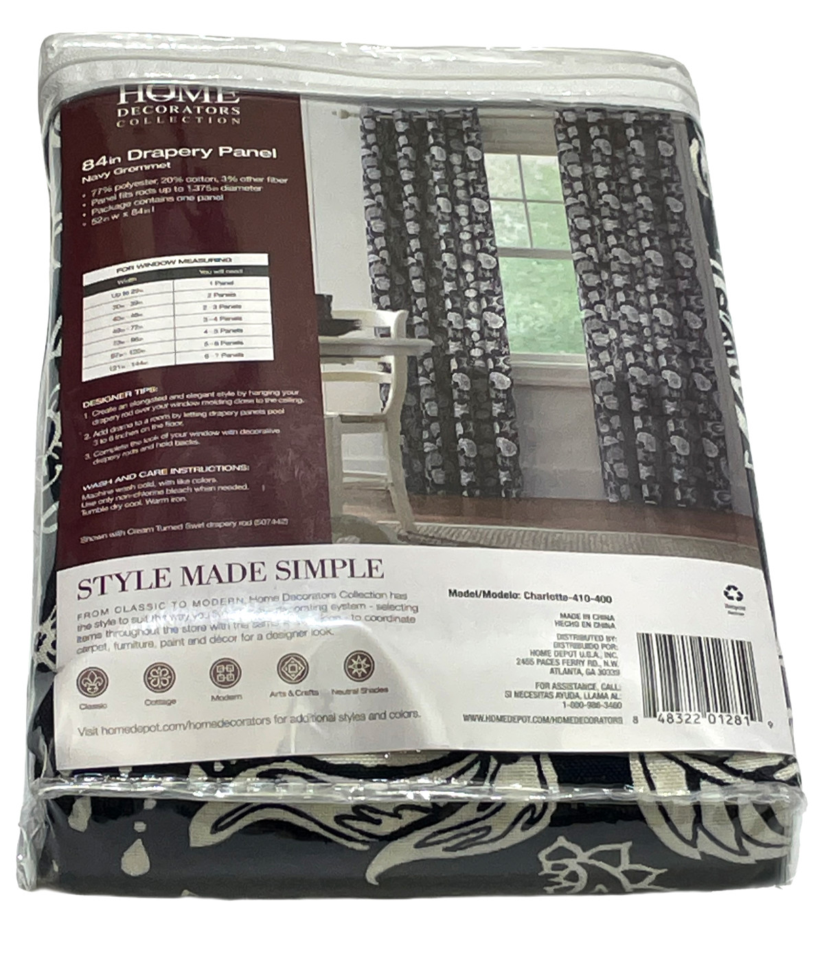 Home Decorators Charlotte Cottage Panel 52″ x 84″ Navy & White Paisley Grommet