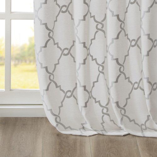 AS Fretwork Print Grommet Top Window Curtain Panel(Only 1 Pc Panel)Ivory+Grey