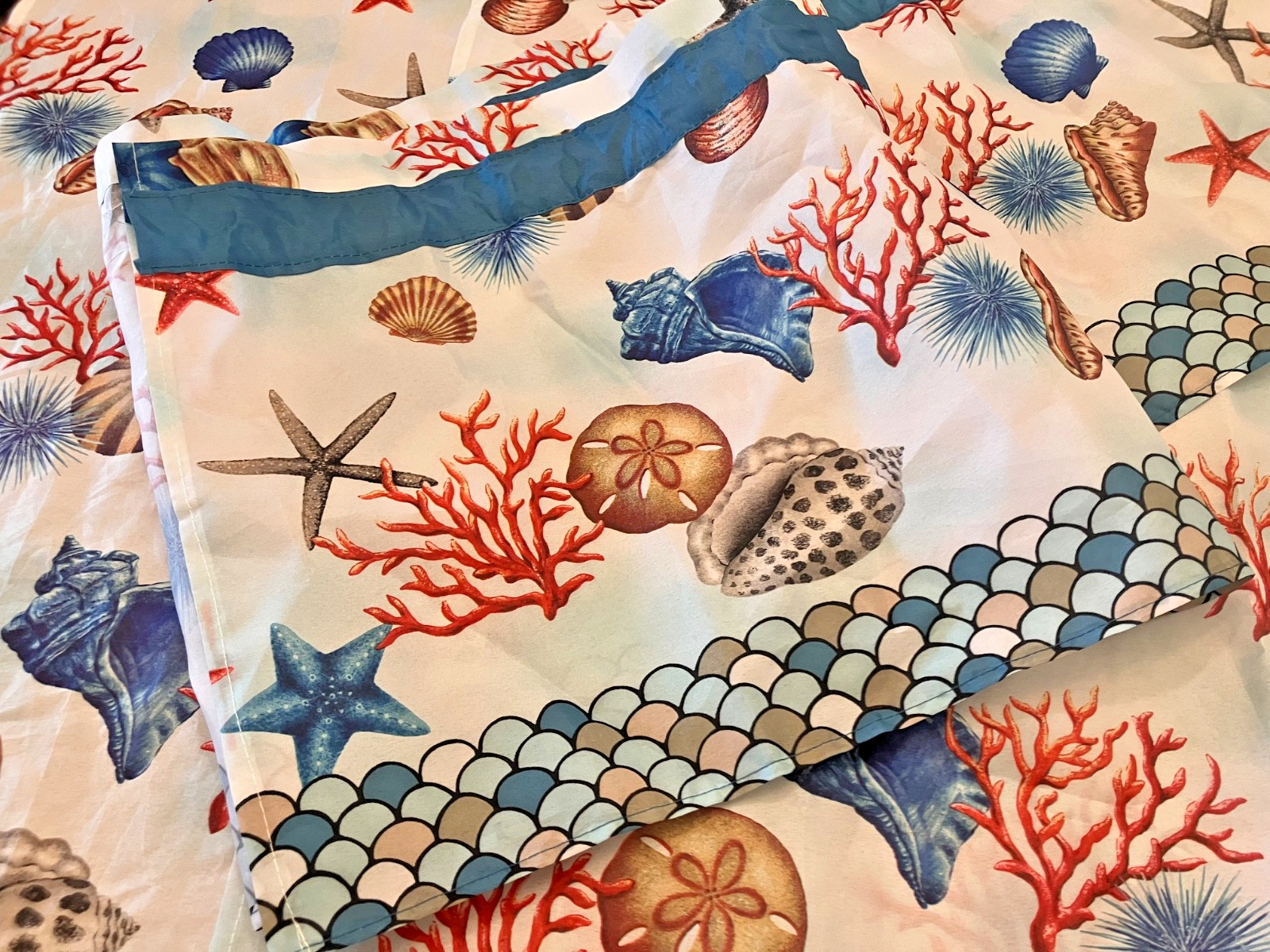 3 PC Kitchen Curtain Set COASTAL Shells Coral Sand Dollars 57”x13.5” and 36”x28”
