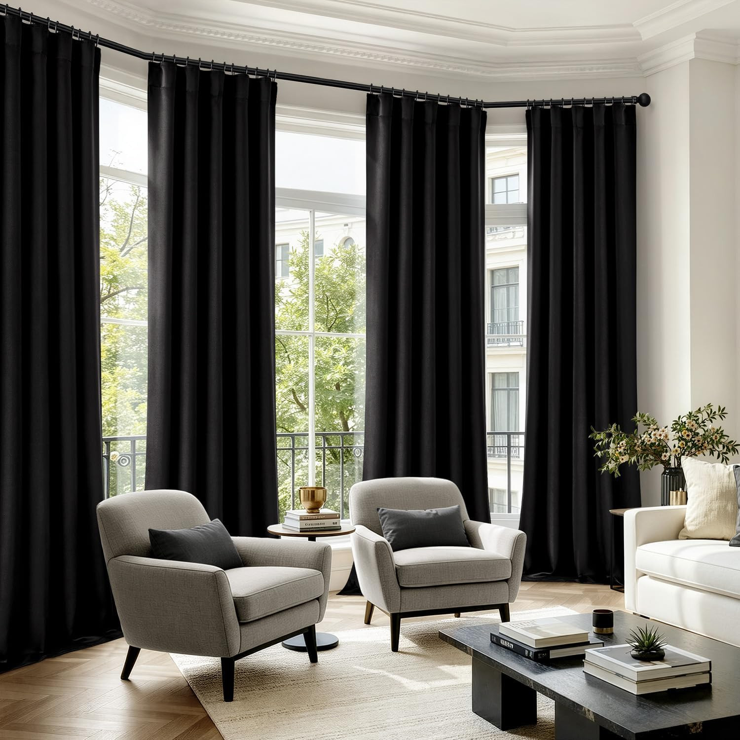 MIULEE Black Pinch Pleat Blackout Curtains 96 Inch Length 2 Panels Set for Bedro
