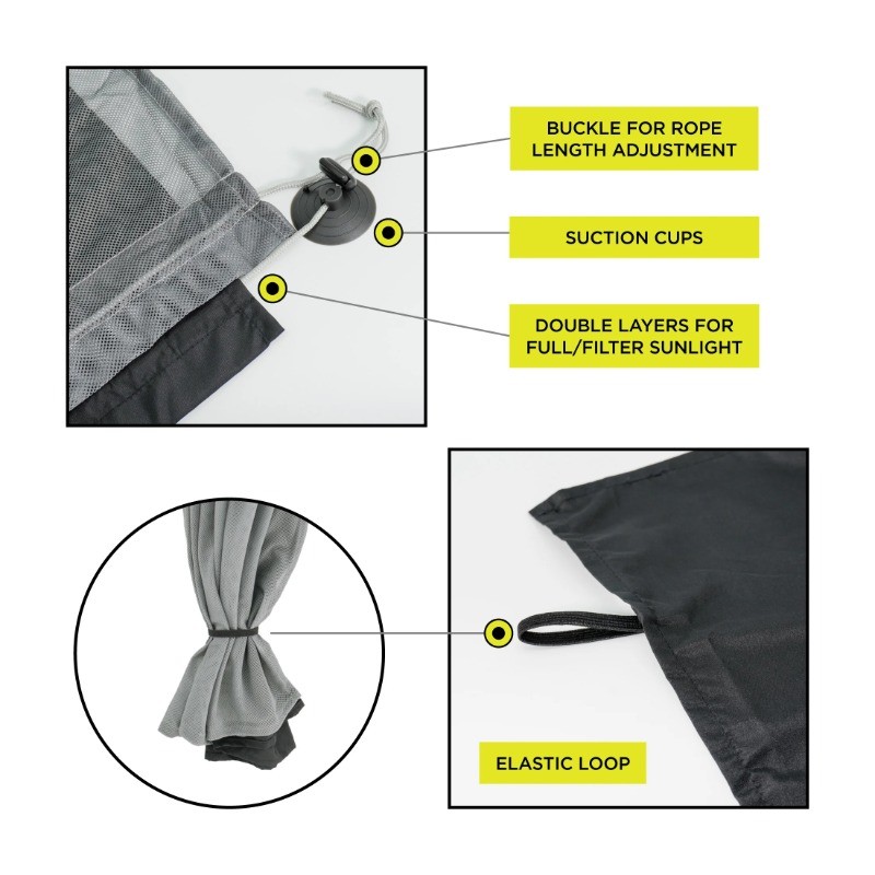 Auto Drive Universal Side Window Suction Cups Grey Curtain Sun Shade 2 Counts