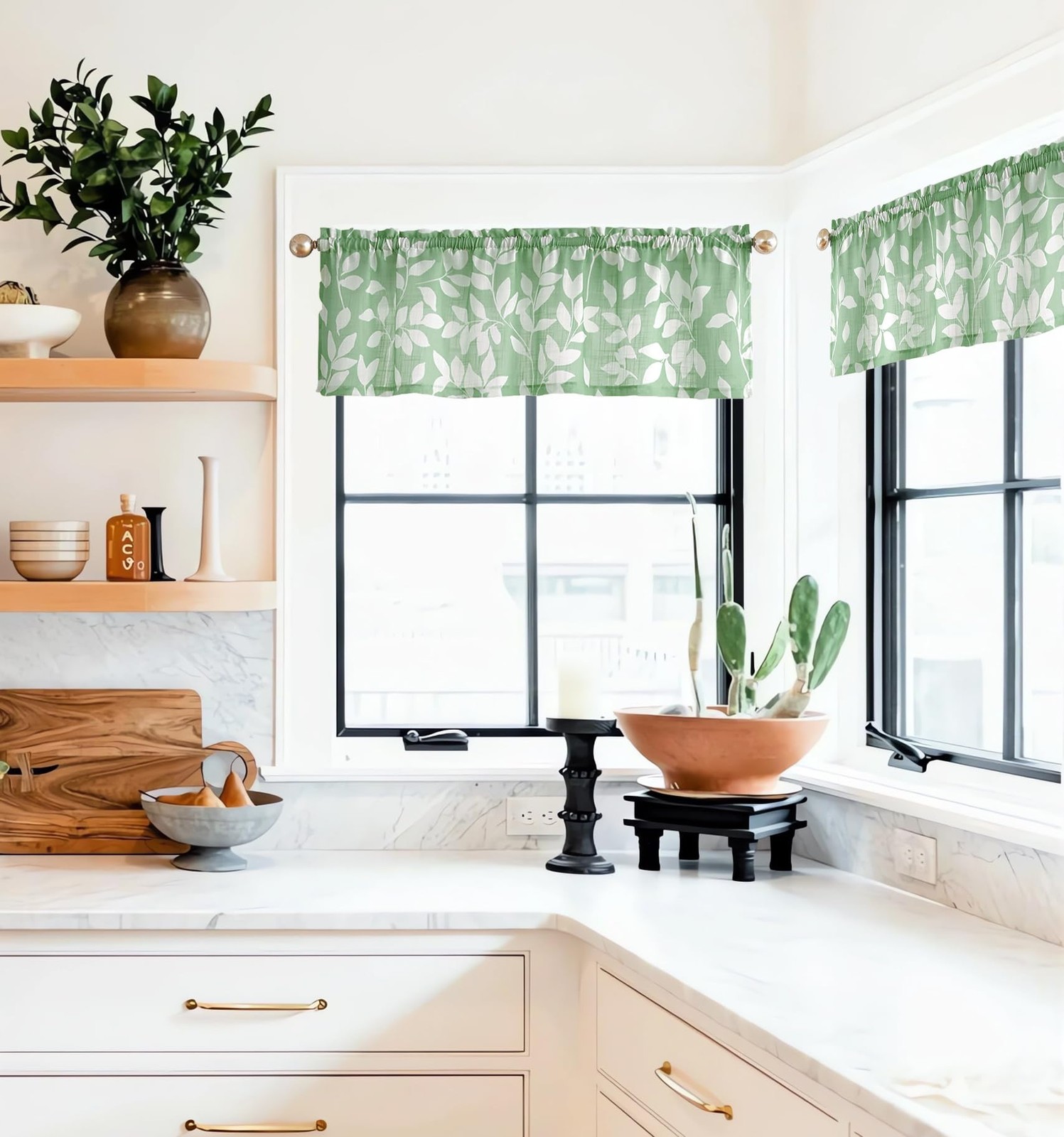 Leaf Print Valance Curtain 52″W 15″L Green White – Kitchen Window Treatment