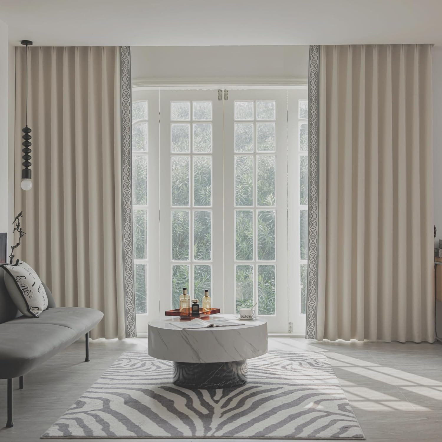 Cream Cotton Blend Blackout Curtain Panels with Trim, Set of 2 (52×96)