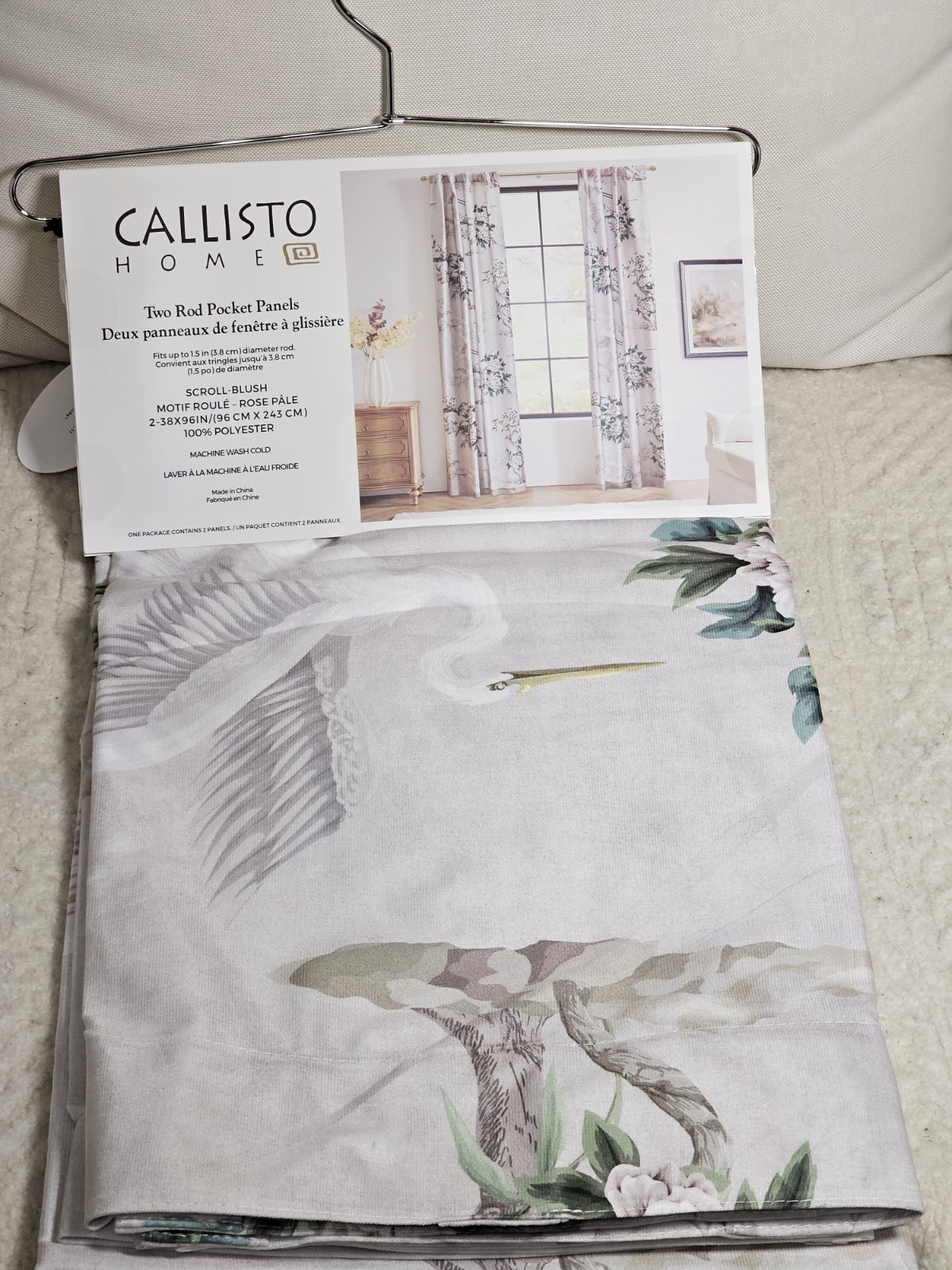Callisto Home Heron Bird Window Curtains Panels 38 X 96 Pair Drapes Blush Scroll