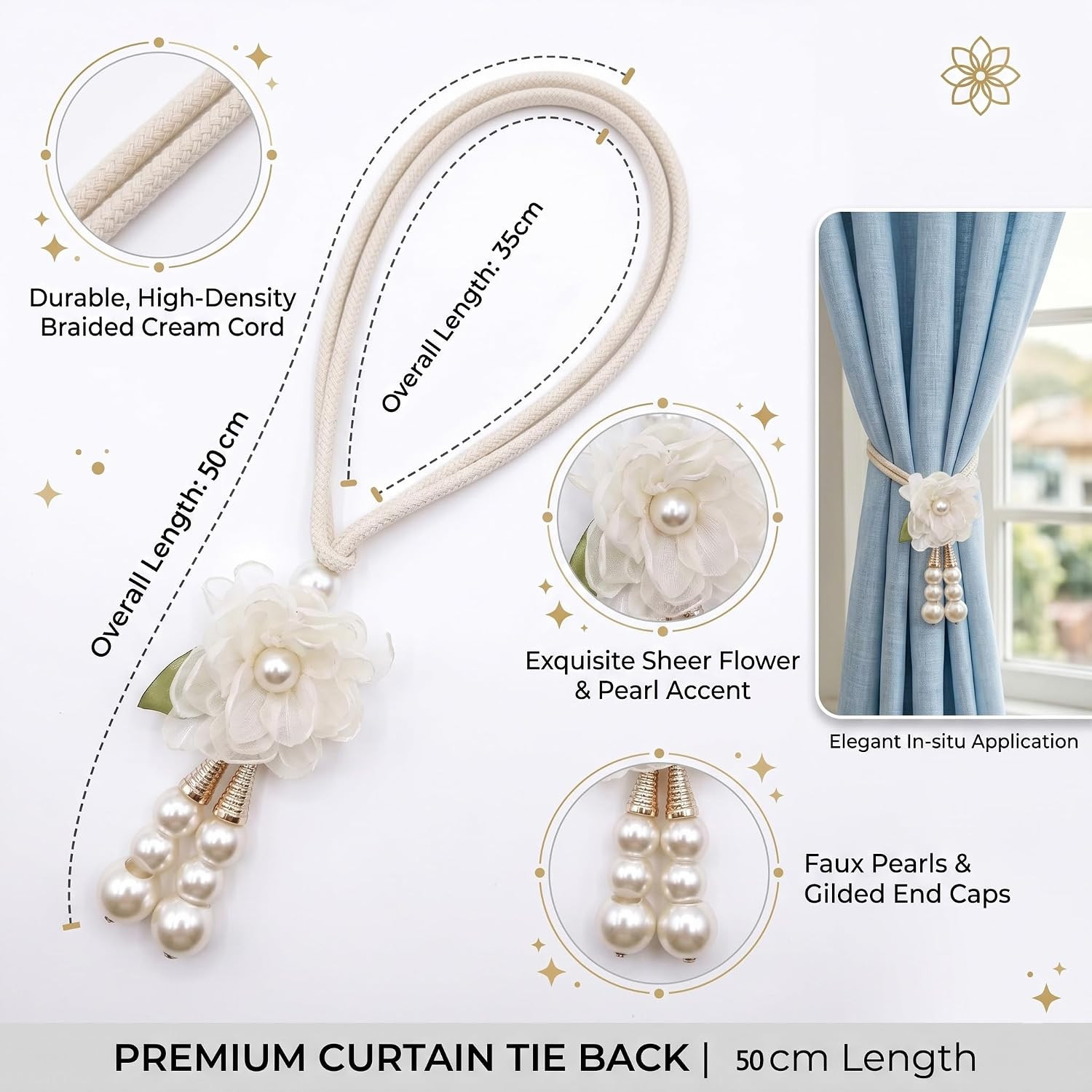 Adjustable Curtain Tiebacks， 4Pcs(2Pair) Hand-Woven Rope with Silk Flower & Pear