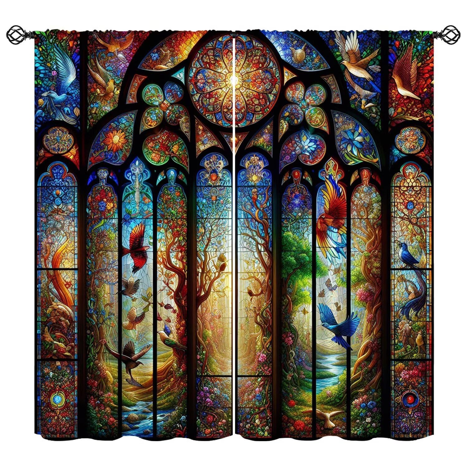 Fantasy Stained Glass Curtains Dream Forest Bird Geometric Patchwork Abstract…