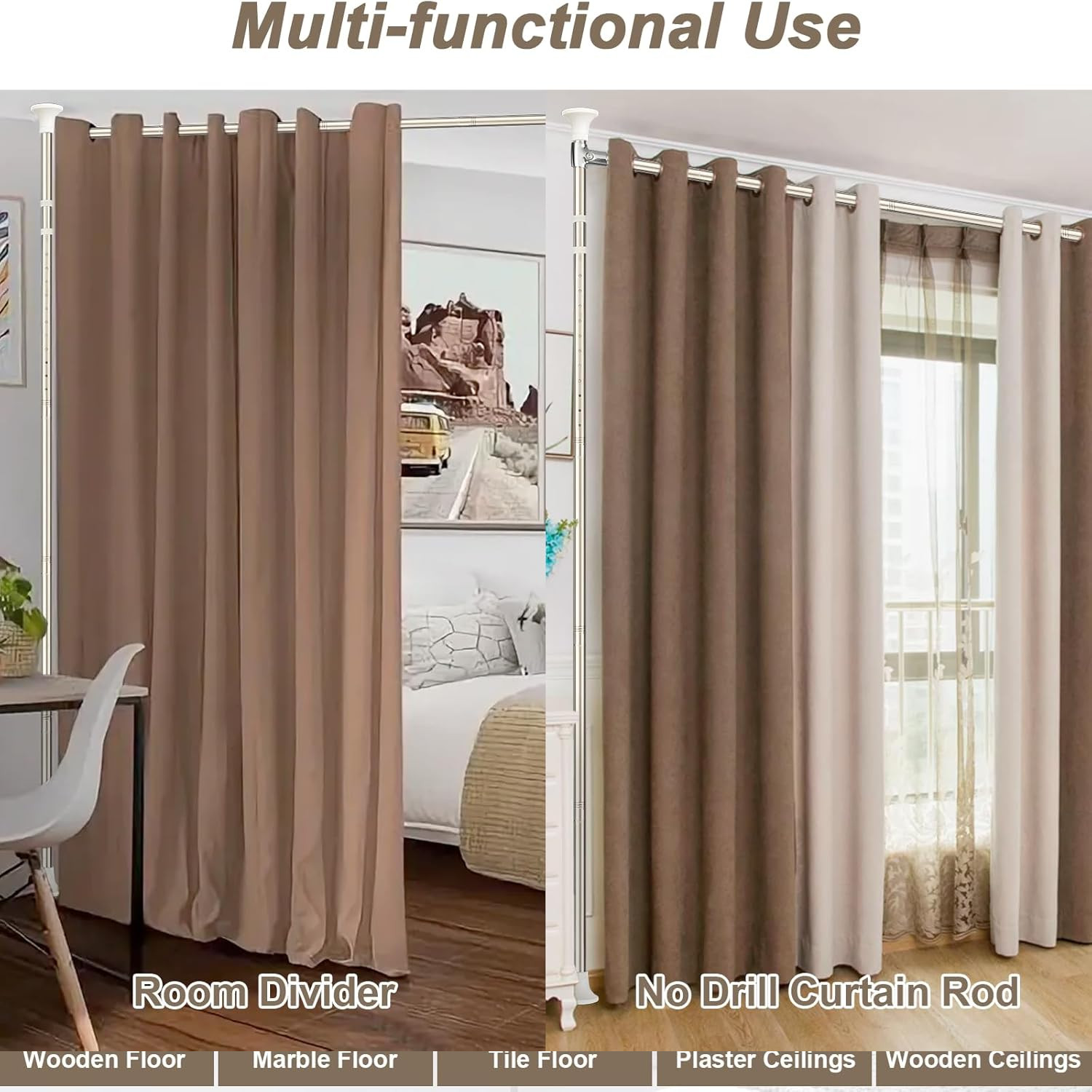 Room Divider Partition size 28″-70″ Wide x 48″-120″ High Tension Rod pole Silver