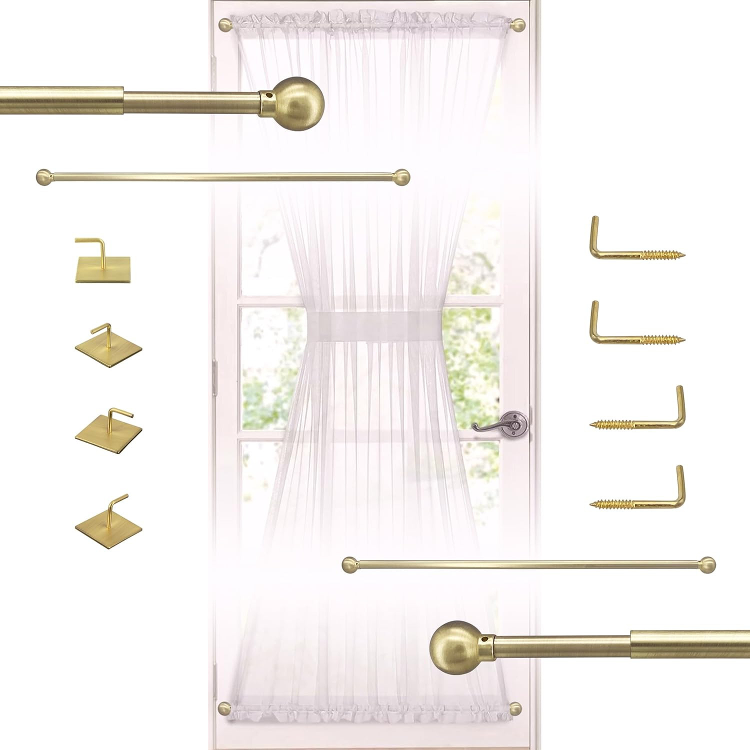 Adjustable French Door Curtain Rods, 16-28 Inch, 2 Pack, Brass Finish