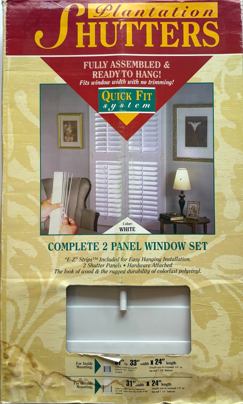 White Vinyl Interior Plantation Window Shutters 31″ to 33″ w x 24″ H. Cafe Style