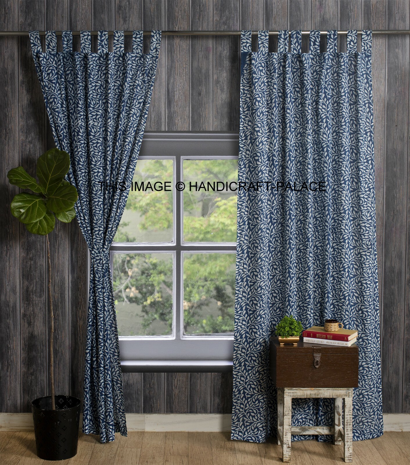 Hand Block Printed Curtain Cotton Panel Loops Natural Dye Indigo Blue 86″ Drapes