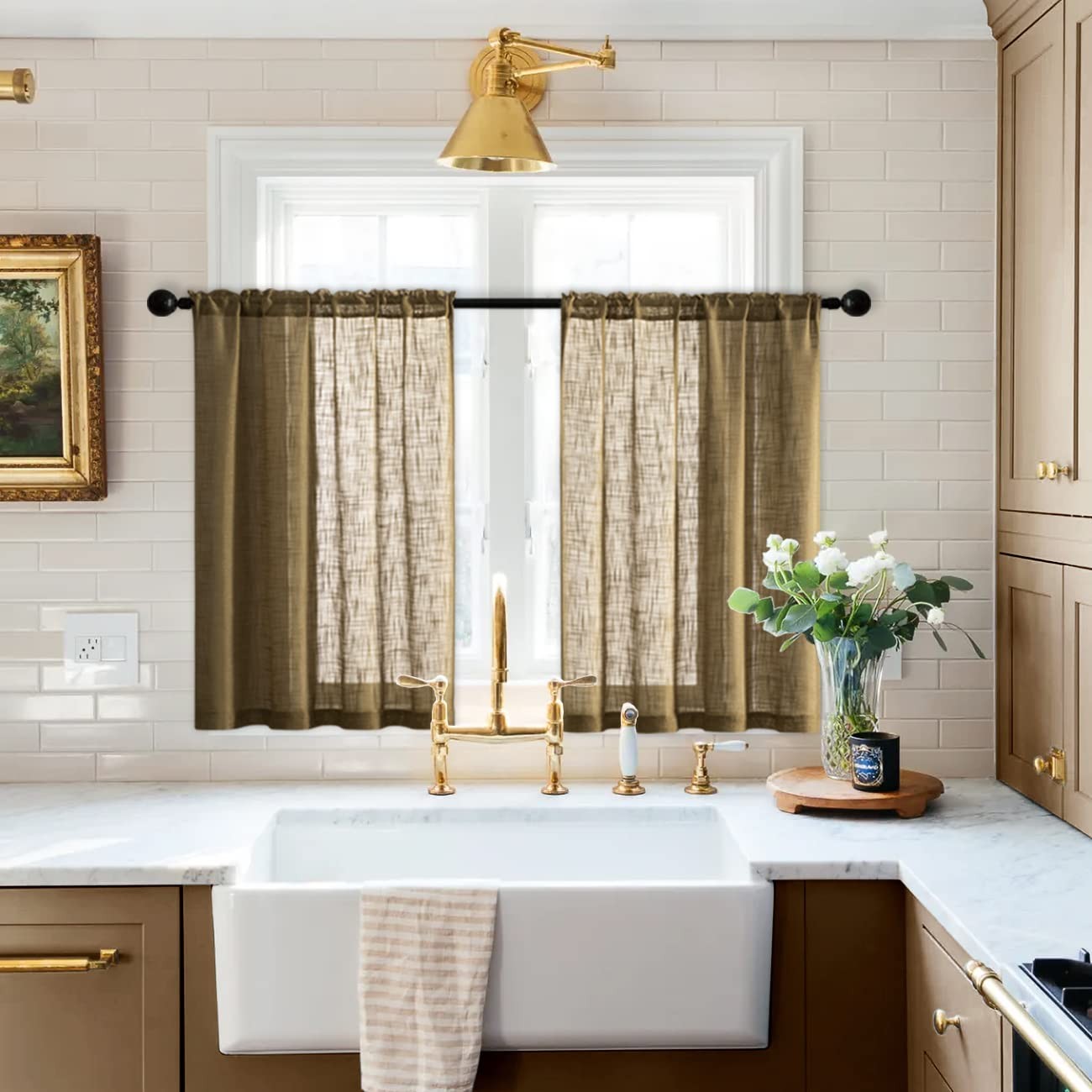 XTMYI Small Burlap Curtains for Kitchen Windows 25″W x 24″L (Pack of 2), Tan
