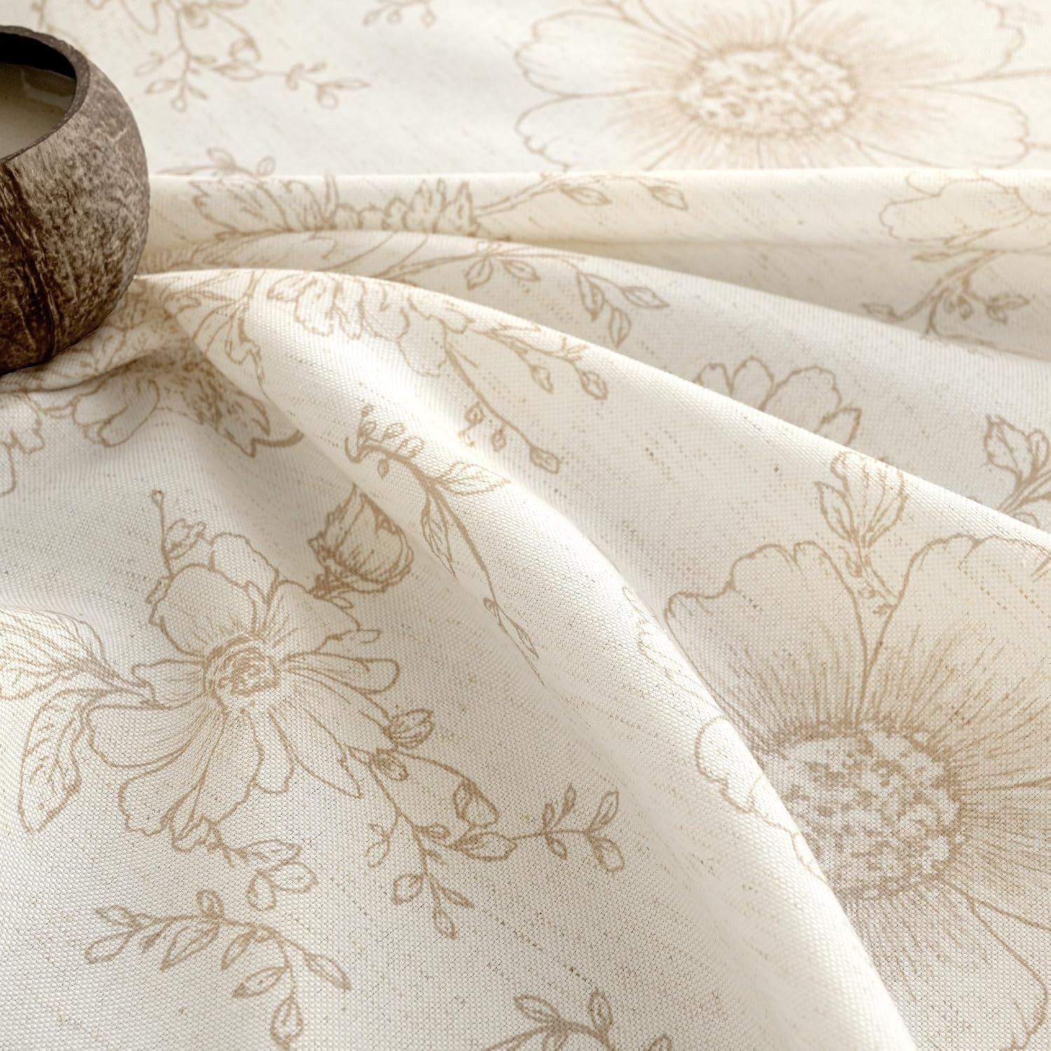 LAMIT Beige Floral Linen Curtains 63 Inch Length, Light Filtering Bedroom Drapes