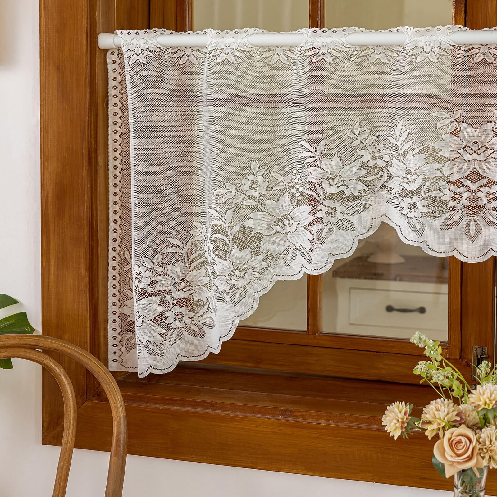 Vintage Sheer Voile Valance Curtains Floral Embroidery Lace Kitchen Swag Wind…