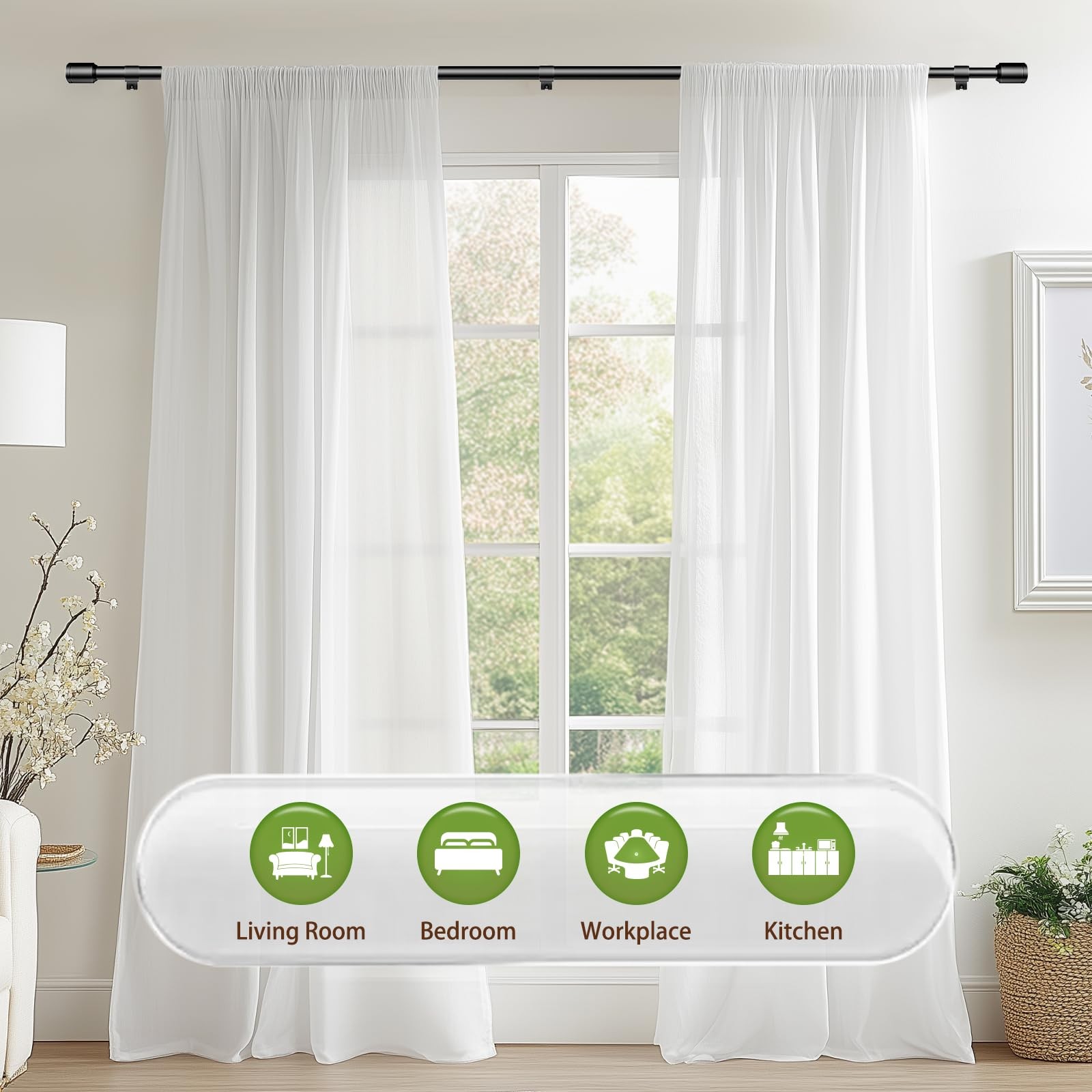 5/8 Dia Curtain Rods 30-90 Inch Adjustable Splicing Black With Brackets 2 Pack