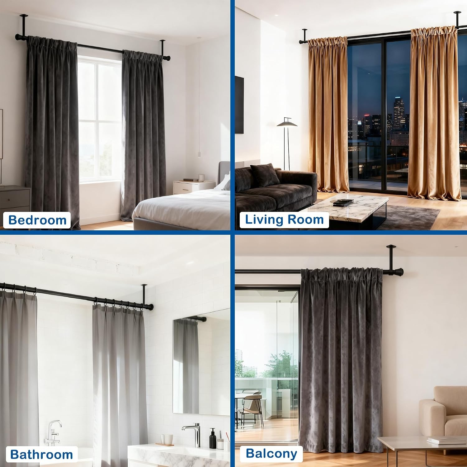 4 Pack Ceiling Curtain Rod Brackets Adjustable Stainless Steel Holders Black