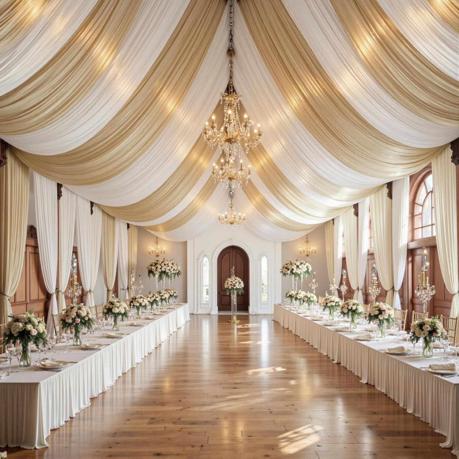 20Ft Beige Ceiling Drapes for Weddings & Events, 2 Panels, Easy to Hang