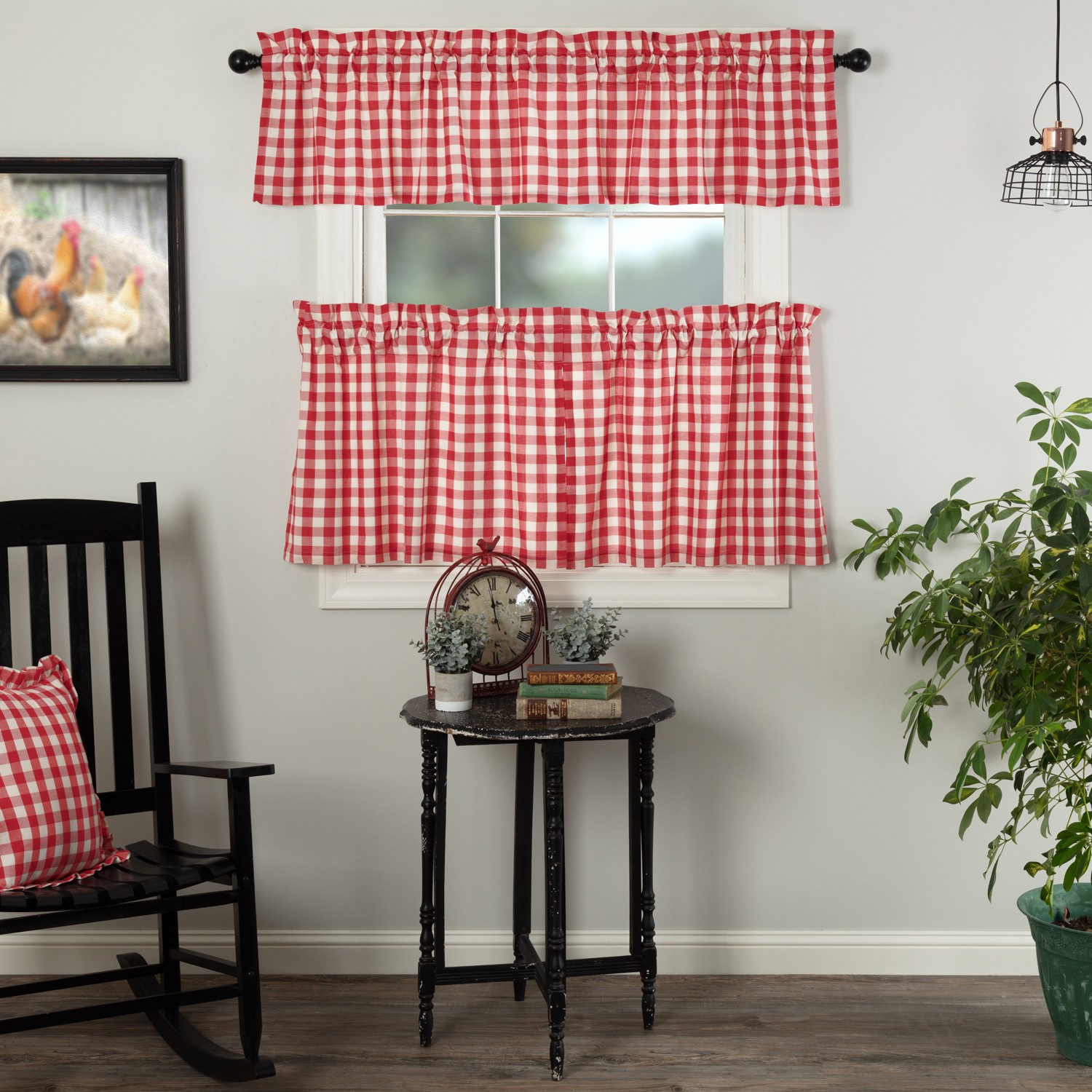 Annie Buffalo Check Red Curtain Set (1 Valance 16×72 ; 2 Tier 24×36) VHC Brands