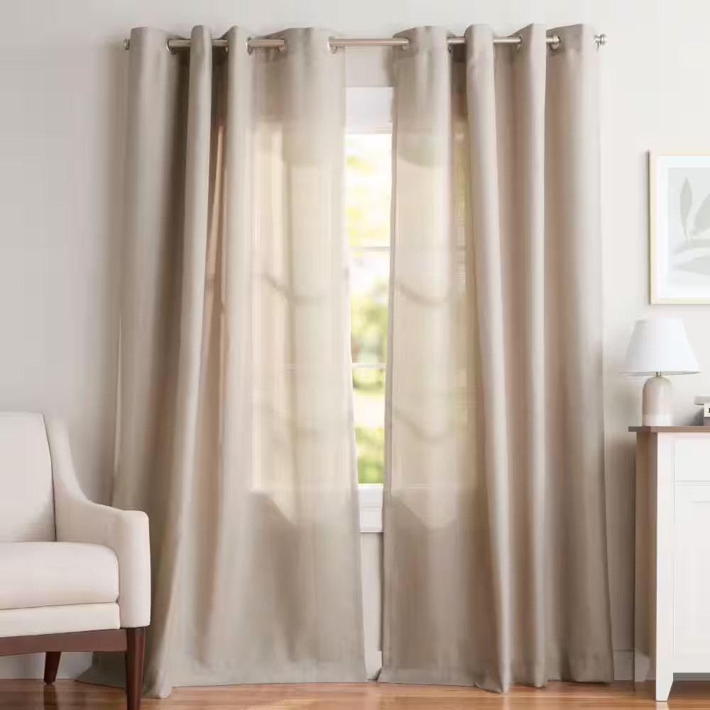 Loha Beige Solid Light Filtering Grommet Top Curtain, 54 In. W X 84 In. L (Set o