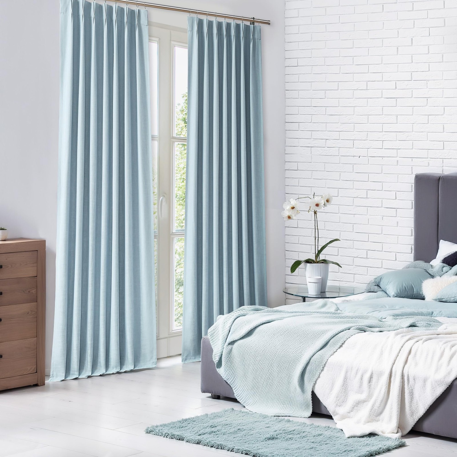 Central Park Dusty Blue Pinch Pleated Full Blackout Curtains Linen Texture