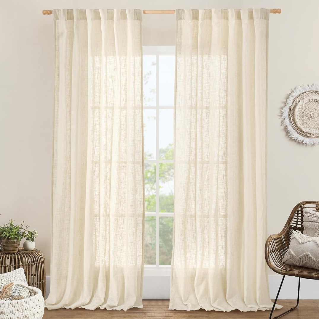 LAMIT Beige Linen Curtains 90″ Light Filtering Semi-Sheer, Back Tab/Rod Pocket