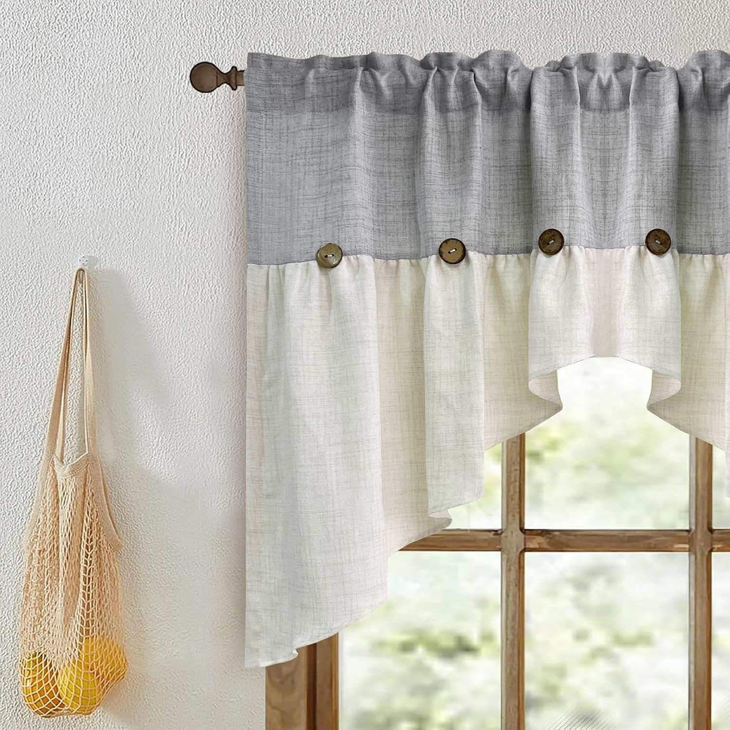 Grey Linen Curtain Swag for Living Room Button Kitchen Curtain Farmhouse Valance