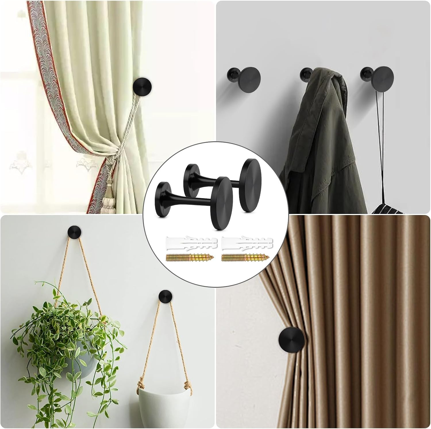​2 Pack Black Curtain Tiebacks,Wall Mounted Zinc Alloy Holdbacks with Screws, De