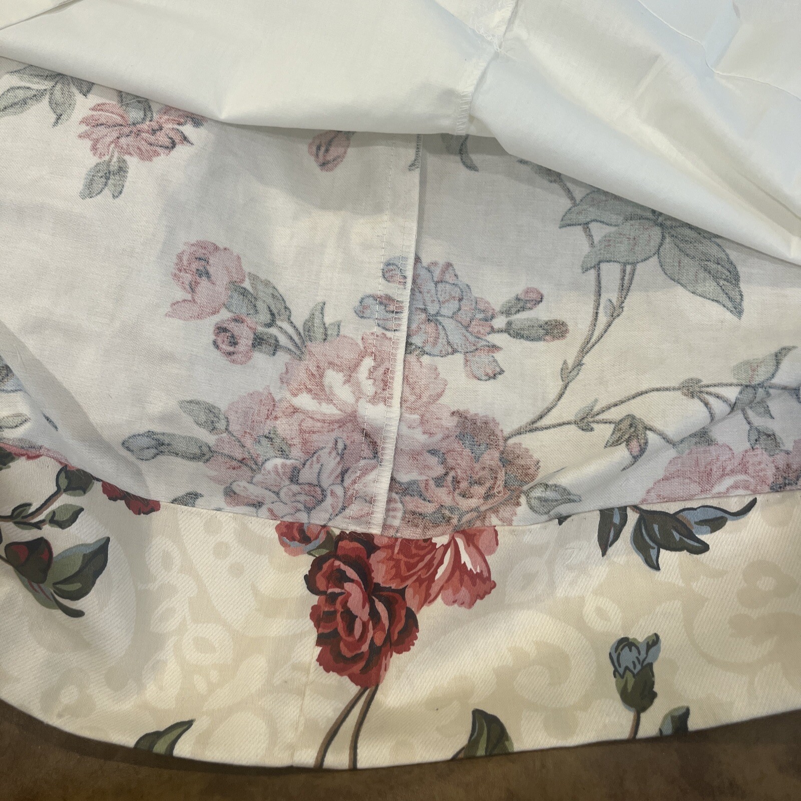 CUSTOM FLORAL WINDOW TREATMENT DESIGNER CHINTZ PANELS LINED TRIM CREAM 2