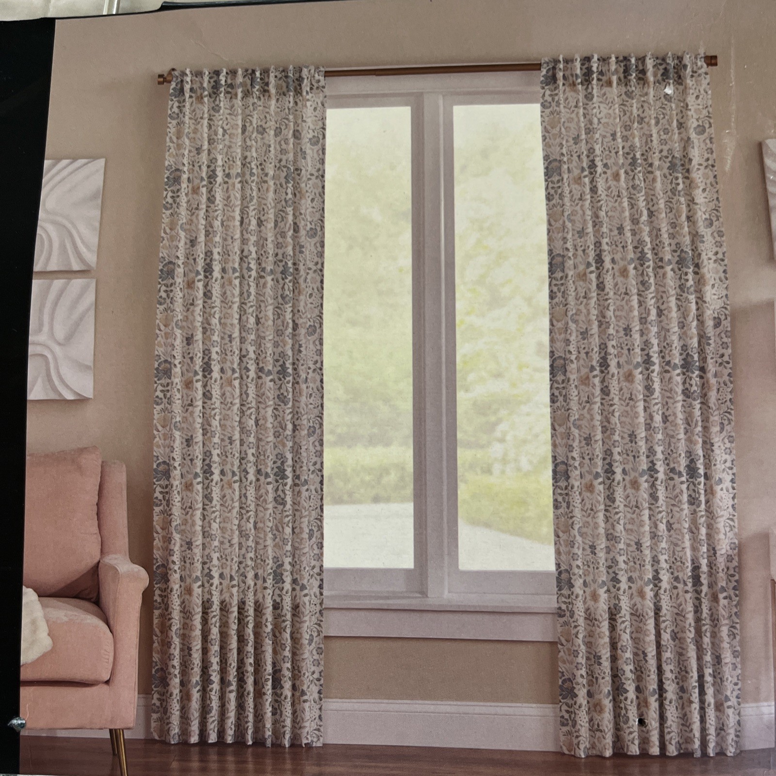 2 Nicole Miller Floral Jacobean Cotton Back Tab Window Panels – New – 50 x 96”