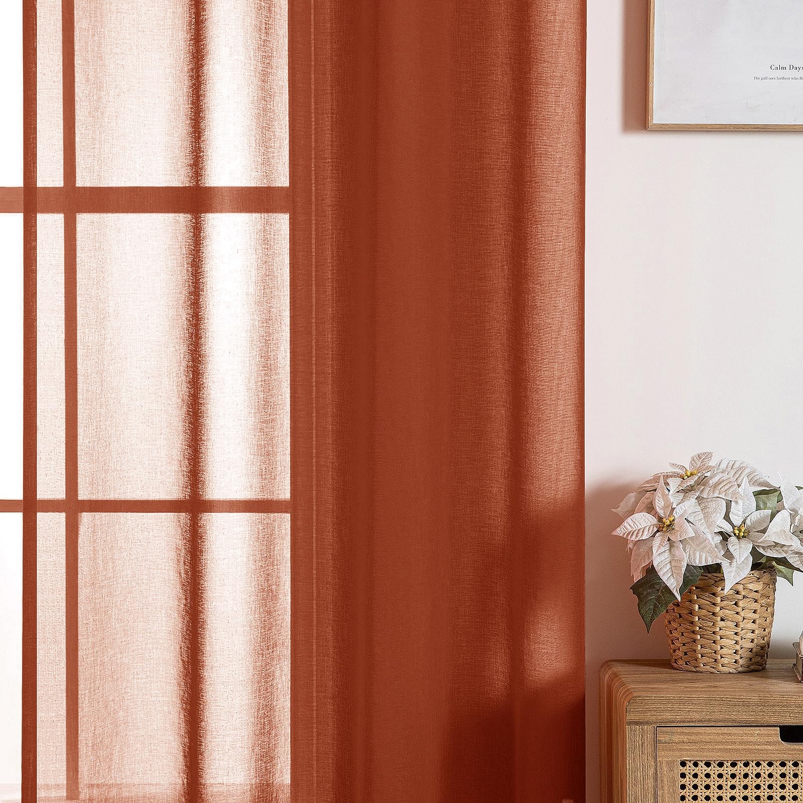 Boho Fall Terracotta Linen Textured Sheer Curtains 54W×84L 2 Panels