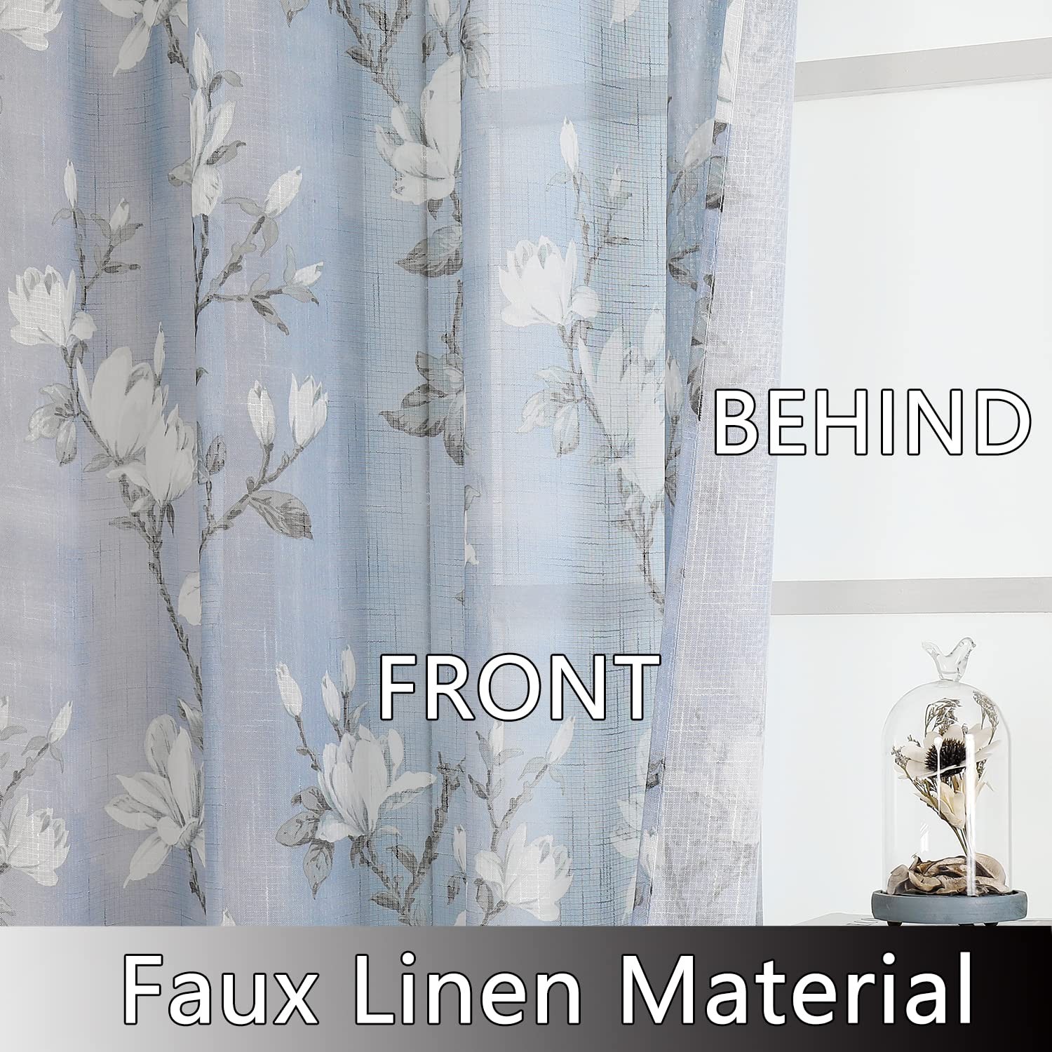 Blue Floral Semi Sheer Curtains 63 Inch 2 Panels