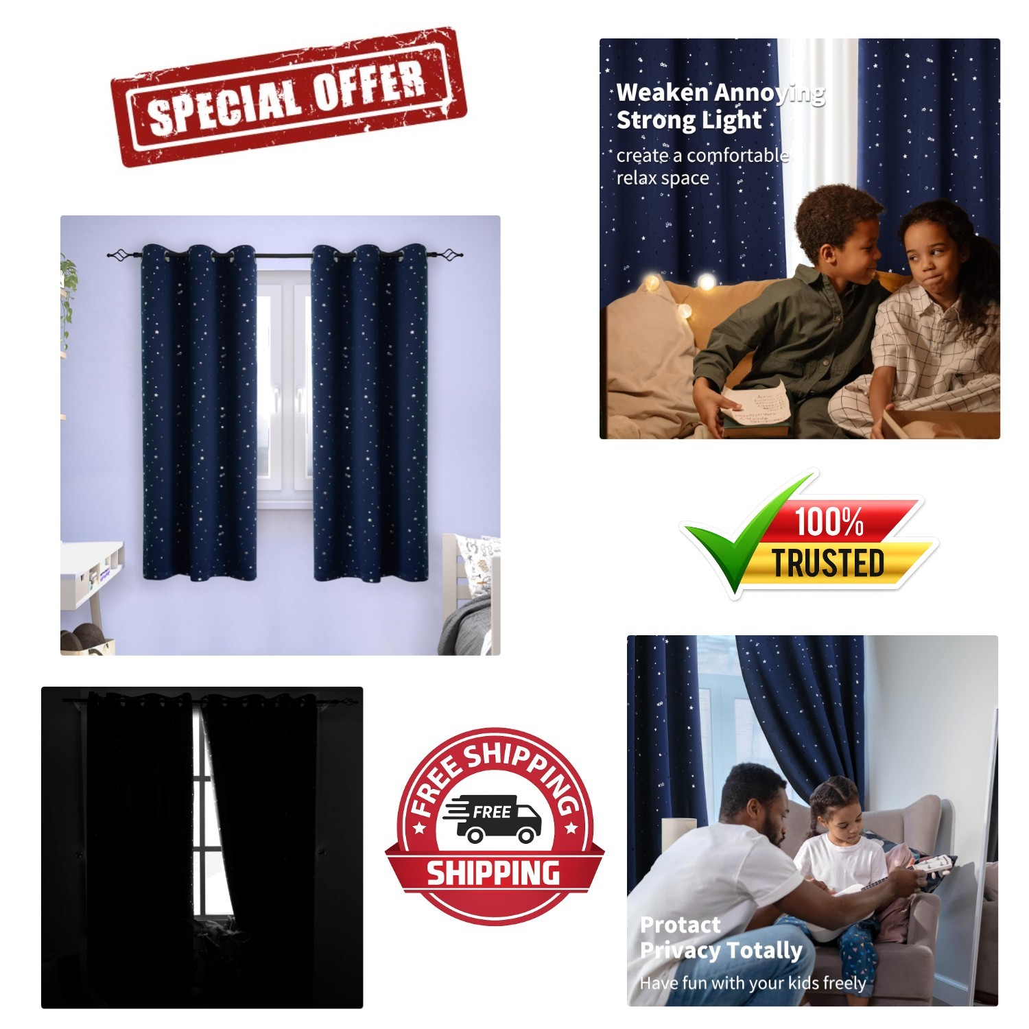 Thermal Insulated Room Darkening Curtains – Kids Star Print, 38×63 Set of 2