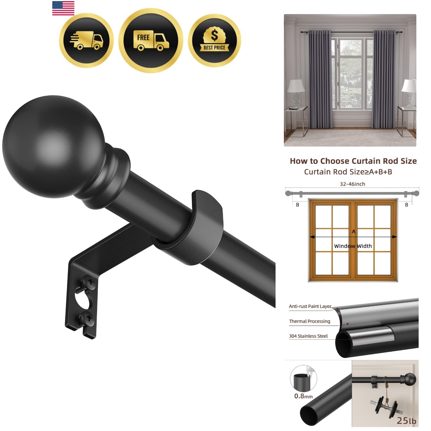 Black Curtain Rods for Window 28 to 48, 5/8 inch Small Decorative Curtain Rod…