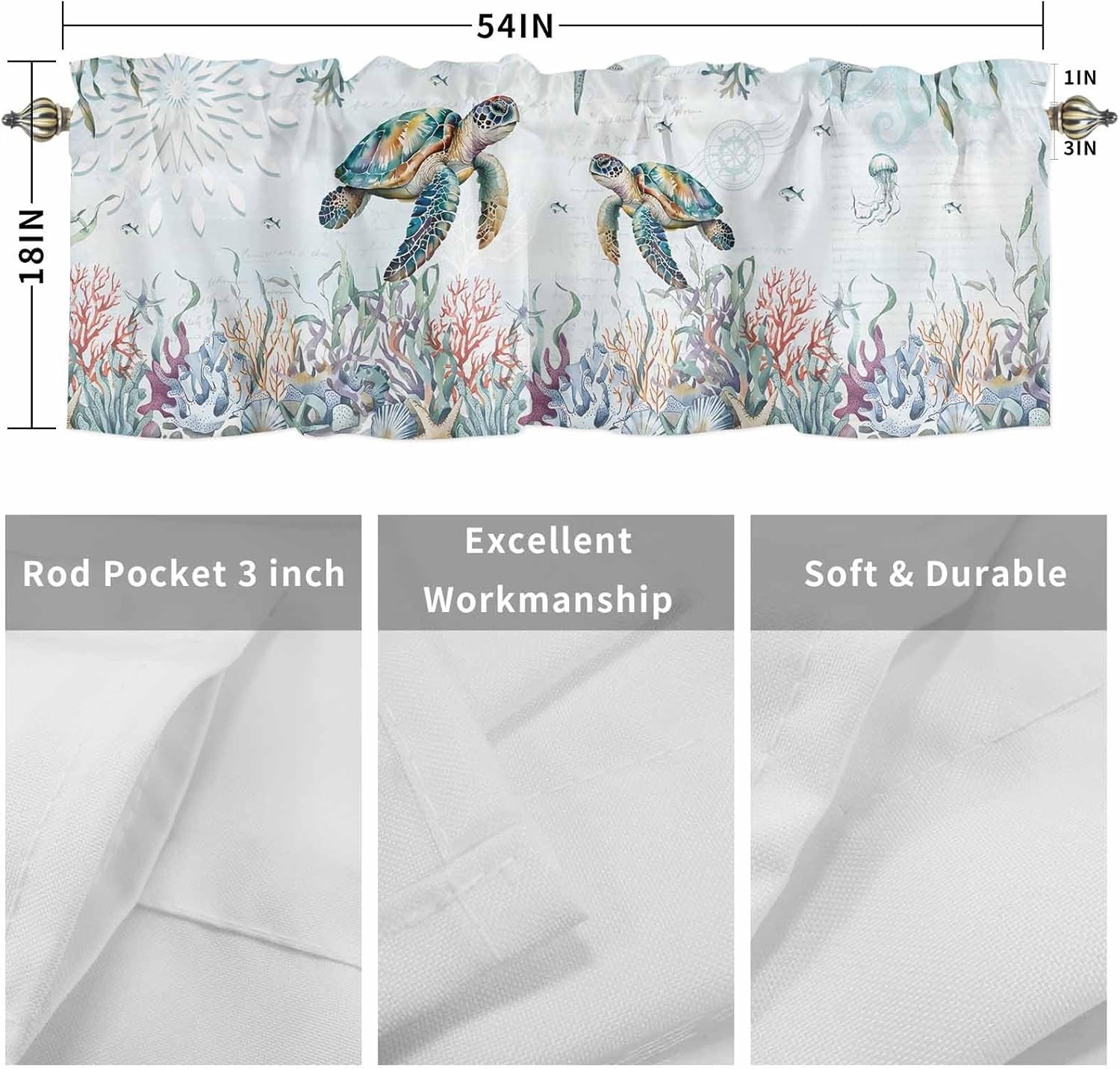 Teal Blue Turtle Coastal Valances Window Treatment Farmhouse Decor, Summer Be…