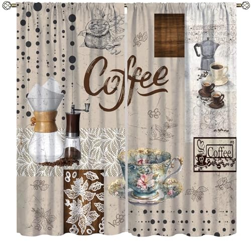 Coffee Vintage Kitchen Curtains Restaurant 20.5″W x 45″L (Pack of 2) Beige-2
