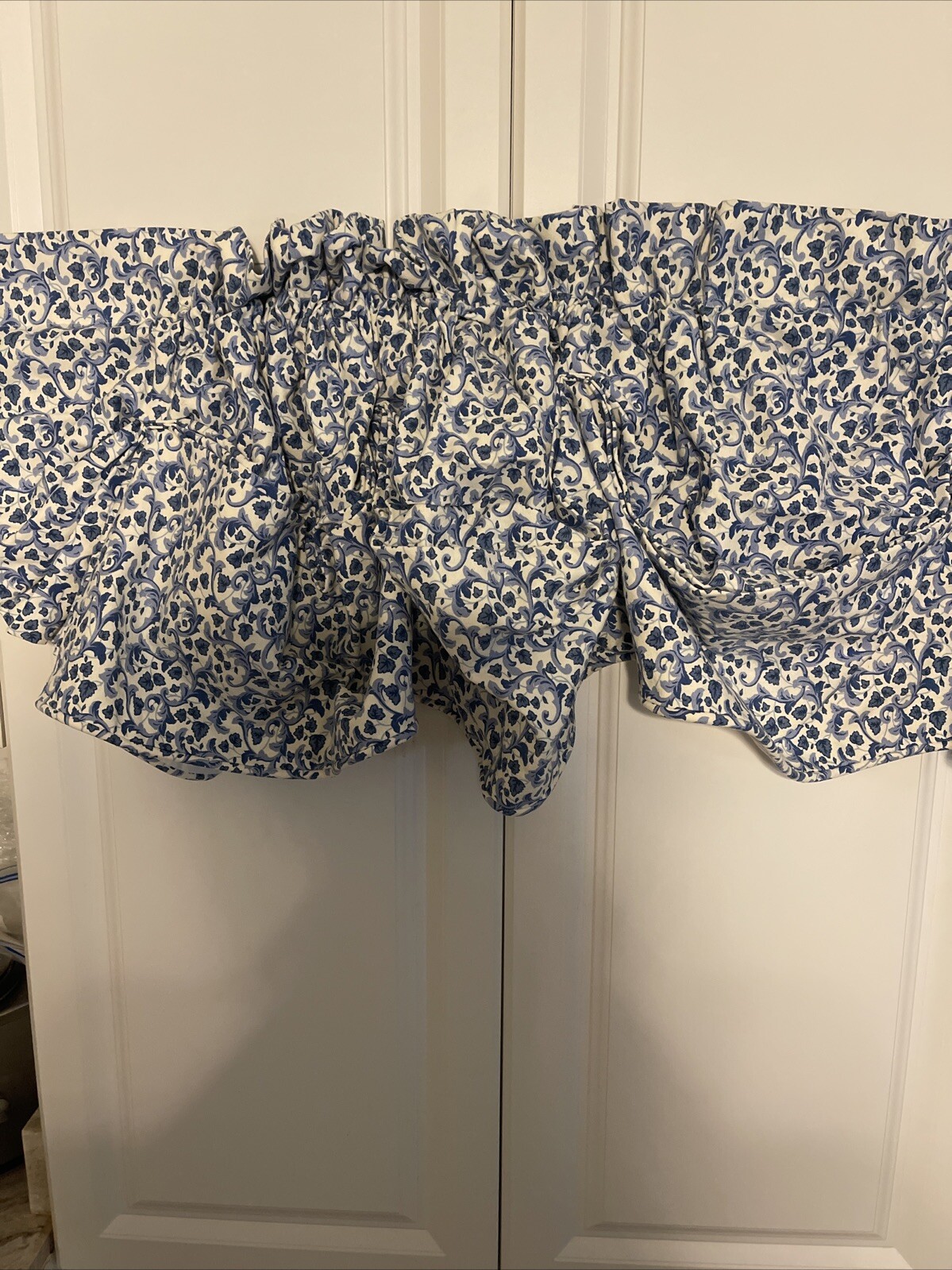 2 Waverly AMANDA Curtain Valance Set 17×80 Blue White Leaves Scroll Pleated