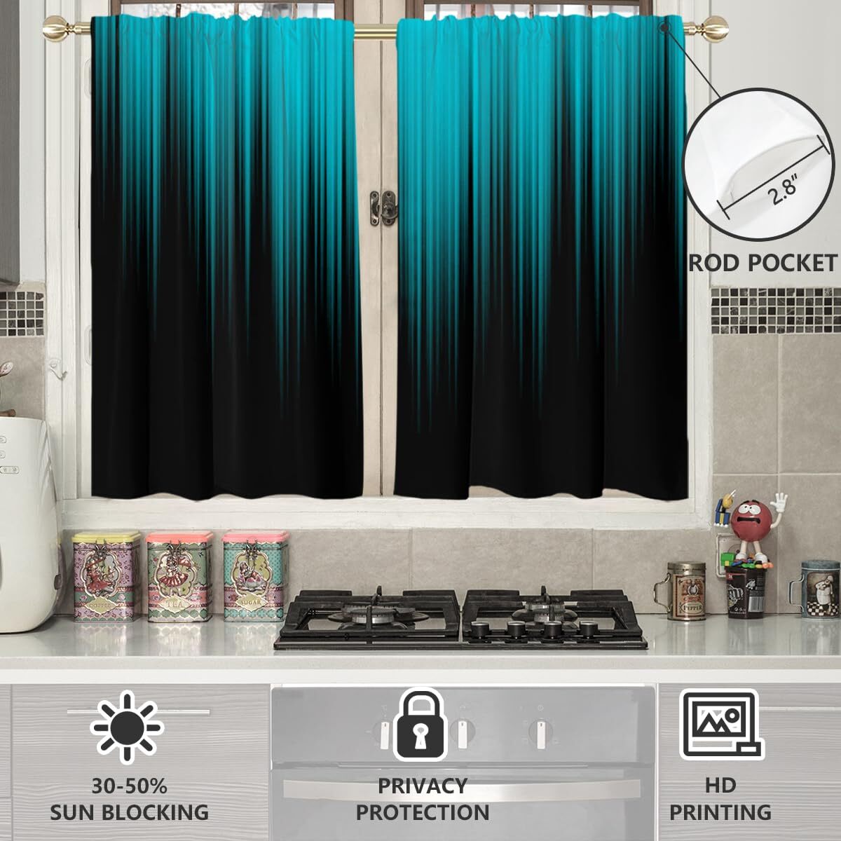 Teal and Black Window Curtains for Kitchen Turquoise Aqua Abstract Modern Two…