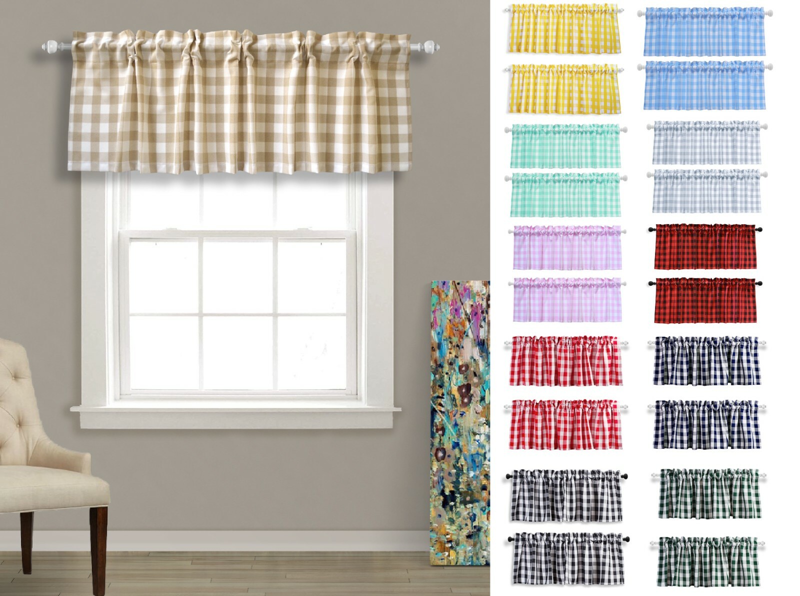 Aiking Home 2-Panels Rod Pocket Picnic Plaid Kitchen Curtain Valances, Polyester